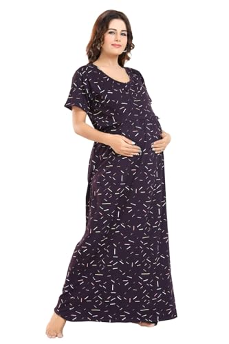 Image of Fabme Women's Full Length Printed Pre and Post Pregnancy Pure Cotton Nursing Nightdress Nighty