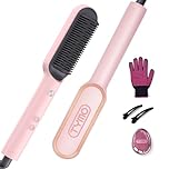 TYMO Hair Straightener Brush, Flat Iron & Comb 2 in 1 for Straightening, Anti-Scald Hot Comb, 5 Temp for All Hair Types, Straightening Brush for Women, Fast Finish with Smooth, Shiny, TYMO RING, Pink