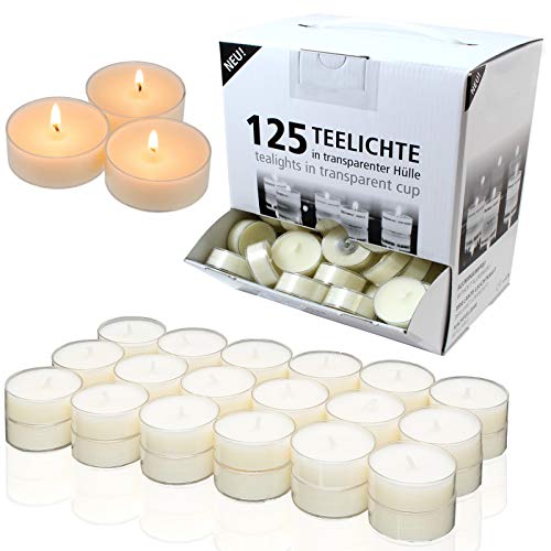 Candelo 125er Set Vorratspackung Kerzen - Hochwertige Weiße Teelichter in Kunststoff Hülle ohne Duft - Spender Box Cover