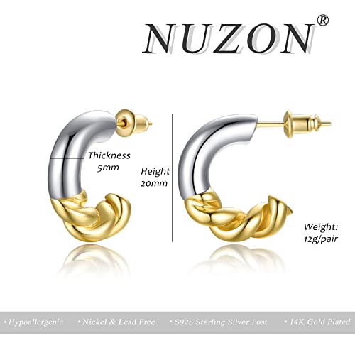 14K Gold Twisted Open Hoop Earrings For Women Two-Tone Gold & Silver Half Hoops Lightweight Hypoallergenic Chunky Hoop 20Mm Dainty Jewelry #TOP3