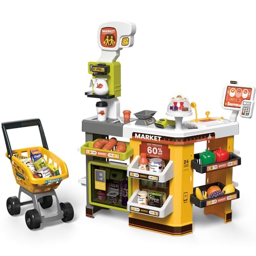 AquaFalcon Supermarket Playset for Kids,66 PCS Grocery Store Playset Pretend Play with Kids Shopping Cart,Cash Register,Play Food Accessories,Christams Birthday Gift