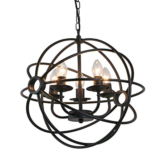 Get Special Price NIUYAO Industrial Vintage Globe Wrought Iron 15.75'' Pendant Chandelier Lighting Antique Rustic Lighting Hanging Light Fixture with 5 Lights 444242