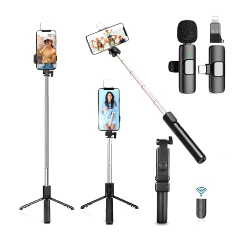 USTINE® SnapX1s Vlogging Kit with Fill Light & Wireless Mic | 3-in-1 70cm Extendable Selfie Stick Tripod with Bluetooth Remote + K8 Mic for YouTube, Reels & Vlogs (Android/iPhone)