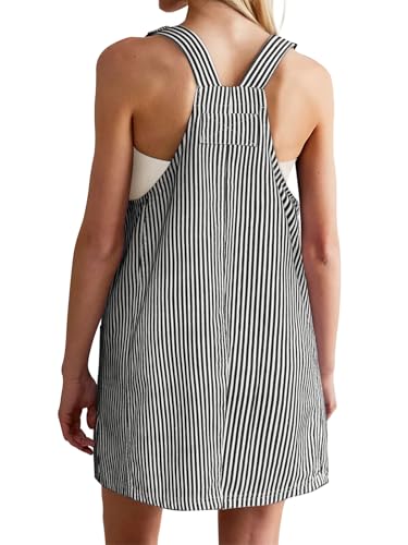 Image of Yousify Womens Casual Denim Dress Summer Striped Overalls Romper Adjustable Straps Sleeveless Jean Dresses with Pockets