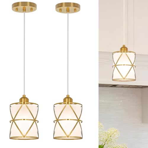 Brushed Gold Pendant Lights for Kitchen Island Set of 2, Pendant Lights Kitchen Island with Frosted Glass Shade, Modern Bathroom Pendant Lighting for Foyer, Dining Room, Entryway - Adjustable Height