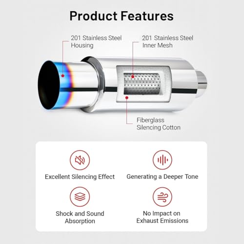 Auto Auspuff SchalldäMpfer 63MM Einlass, Edelstahl Auspuffschalldmpfer,Einstellbare Abnehmbare Turbo Schalldämpfer Nachlauf