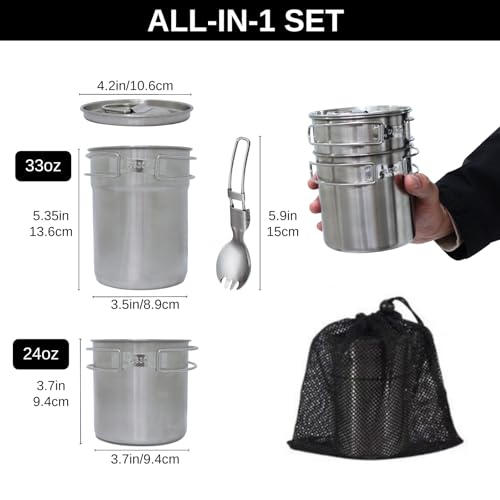 BeGrit Camping Cups Mugs Camping Pot Food Grade 304 Stainless Steel Outdoor Camp Cooking Cookware Set with Folding Spoon, Vented Lids for Hiking Backpacking Hunting