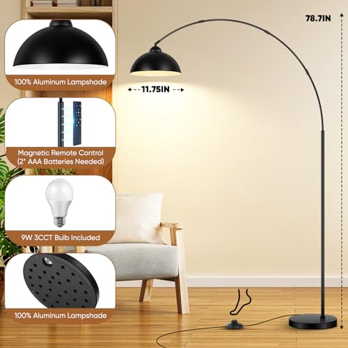 Arc Floor Lamp for Living Room with Remote, 78” Black Standing Lamp with LED Bulb, Stepless Dimmable Color Temperature & Brightness Corner Lamp, Modern Over Couch Tall Reading Light for Bedroom Office