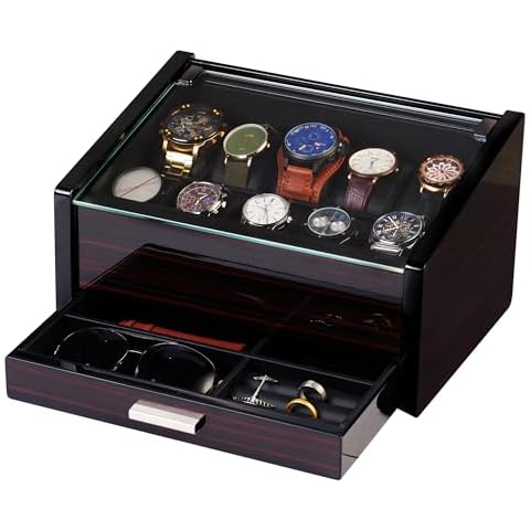 Woodronic Watch Organizer Case, 10 Slots Wood Watch Box Display Holder with Storage Drawer and Pillows, Glossy Finish, Glass Top and 2-Tiered Design, Gift for Men (Flat-top) Cover
