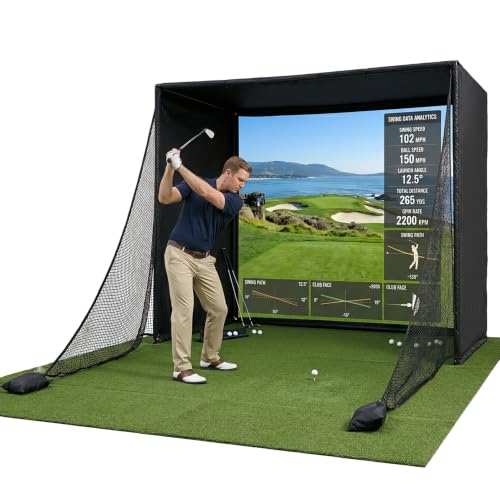 Golf Simulator Enclosure Kit with Premium HD Impact Screen, Foam-Padded Aluminum Frame, Blackout Curtains & Side Safety Netting, Launch Monitor Compatible Indoor Home Garage Golf Simulator Setup