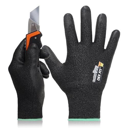 DEX FIT Guantes Anticortes de Nivel 5 Cru553 Prime, Ajuste Cómodo Elástico 3D, Buen Agarre, Recubrimiento de Espuma Duradero de Nitrilo, Táctil, Fino y Ligero, Lavable; Negro M (8) 1 par