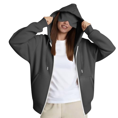 Airplane Mode Travel Hoodie with Eye Mask & Hidden Pockets Airplane Outfits For Women 2025 Fleece Lined Womens Fall Fashion Teen Girls Hoodies Full Zip Up Hooded Sweatshirts Trendy Gray XL