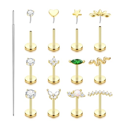 KALVICA 12 Pcs Piercing Tragus Acier Chirurgical Hypoallergénique Piercing Nez Or/Argent Piercing Labret Levre Helix Conch Cartilage Oreille Pour Femme...