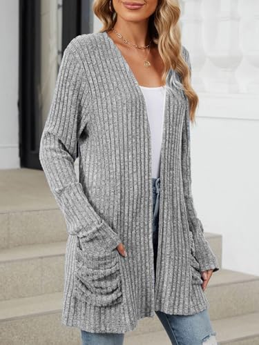 Image of Les umes Womens Open Front Lightweight Knit Cardigans V Neck Loose Long Sleeve Sweaters with Pockets