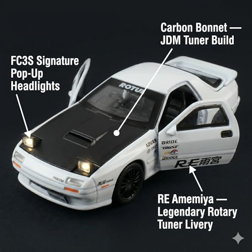 Image of Mazda RX-7 FC3S RE Amemiya 1:32 Scale Die-Cast Car Model White - JDM Rotary Tuner Sound Light Pull-Back Alloy Sports Car Collectible Toy
