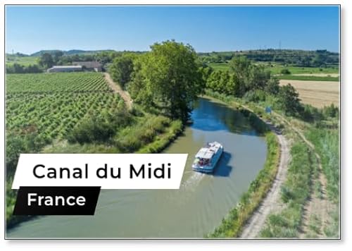 Aerial Top View of Boat in Canal Du Midi from Above, Family Travel by Barge and Vacation in Southern France, Design 1, Fridge Magnet
