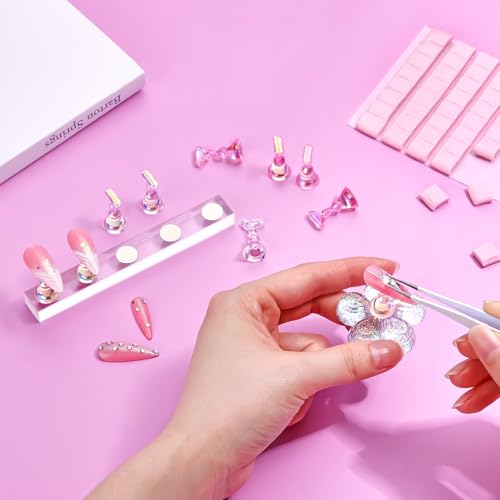 Image of Makartt Press on Nails Stand: Clear and Pink Nail Holder for Painting Nails, Stands for Art Display Practice, Magnetic Clear Glitter Flower Fake Holders with Reusable Adhesive Putty for Home Salon DIY