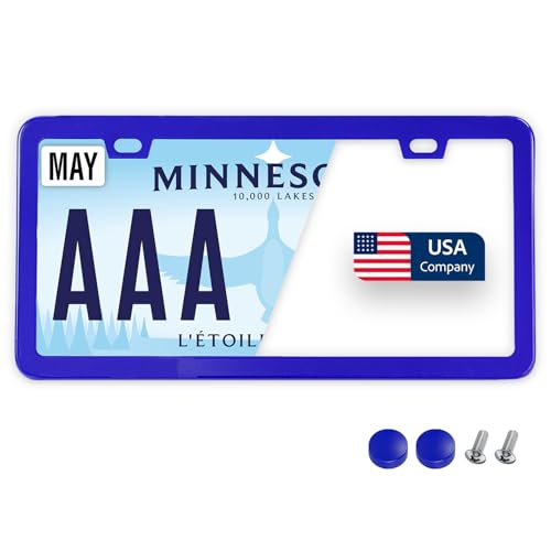 Image of Premium Slim Blue License Plate Frame - 1 Piece, Rust-Free Stainless Steel & Rattle-Free, Street Legal, Universal with Screw Caps, Thin Edged Metal Front or Rear Car Tag Holder Unisex