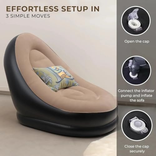 Image of 1-Seater Inflatable Recliner Sofa Chair & Ottoman Stool Set | Soft Velvet Flocked PVC Air Couch for Adults & Kids | Portable Blow Up Lazy Lounge Chair with Electric Air Pump