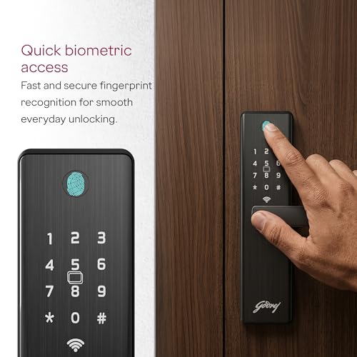 Image of Godrej Smart Lock | Neo Connect Digital Lock for Wooden Door | WiFi, Fingerprint, PIN, RFID Card, Mobile App, Mechanical Key | 5 in 1 Access | 3 Dead Bolts | Black | 3Yrs Warranty Free Installation*
