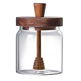 hiwafifi Glass Honey Jar with Dipper and Lid, 14 OZ Airtight Honeypot with Acacia Wood Lid, Coffee Syrup Dispenser, Round Honey Storage Container, Kitchen Dining Gifts for Her Bar Accessories