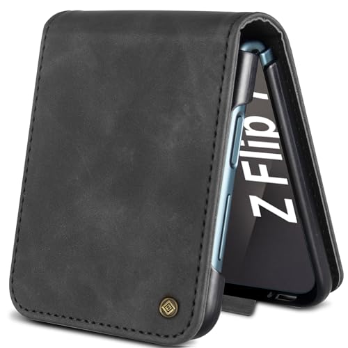 Giyer Étui de protection à rabat en cuir de qualité supérieure pour Samsung Galaxy Z Flip 7 5G - Fonction support - Compartiment pour cartes - Noir