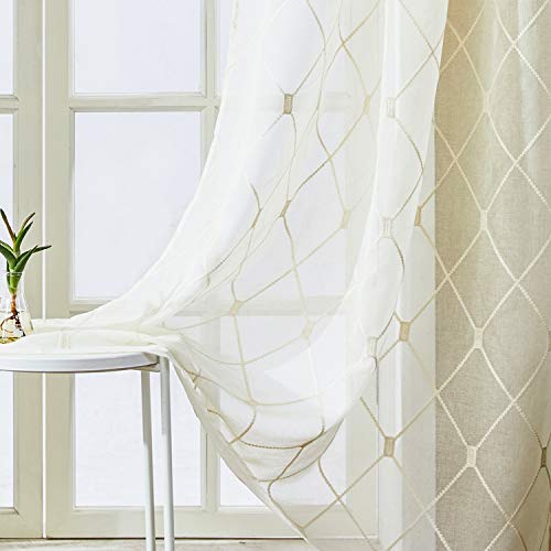Top Finel Yellowish Cream Sheer Curtains 96 Inches Length For Living Room Bedroom Diamond Embroidered Grommet Window Curtains, 2 Panels #TOP5