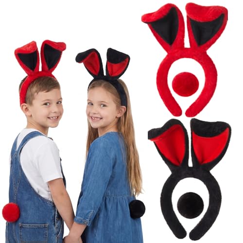 Zeyune 2pcs/4pcs Easter Bunny Ears Headband for Kid with Pom Tail Bunny Cartoon Toy Character Cosplay for Toddler Girl(4 Pcs,Red,Black)