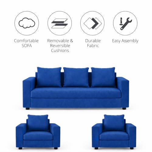 Image of Wood 3+1+1 Sofa Set 5 Seater | Velvet Fabric Upholstery | Wooden Frame Sofa Set with 3 Seater & 2 Single Chairs for Living Room, Home & Office (Blue)