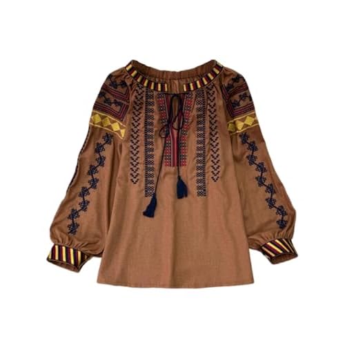 Womens Embroidered Shirt Long Sleeve Peasant Blouse Lantern Sleeve Boho Tops V Neck Loose Lightweight Casual Tunic 06brown Medium