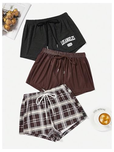 Image of WDIRARA Women's 3 Pack Plaid Letter Graphic Pajama Shorts Lounge Shorts | Elastic Waist ,Comfortable,Home Living,Sleepwear