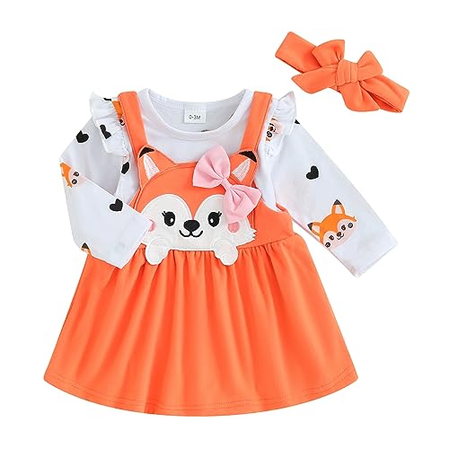 Siyova Conjunto de 3 piezas de ropa para bebé niña, mameluco de manga larga con volantes y falda de tirantes con estampado de zorro, diadema para otoño, invierno, naranja, 6-9 meses