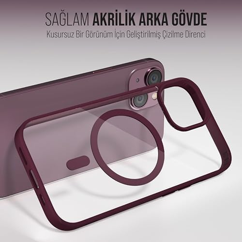 iPhone için Kılıf Kamera Korumalı Magsafe Wireless Şarj Özellikli Şeffaf Renkli Kılıf (iPhone 13/14 Bordo) - Görsel 4