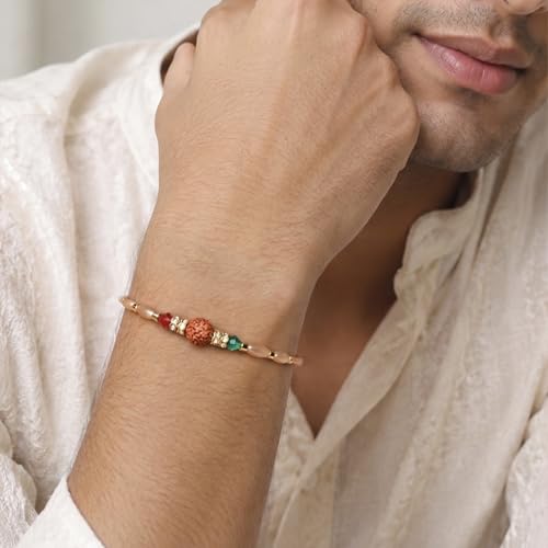 Image of Peora Rakhshabandhan Thread Rakhi for Brother Bhaiya | Kundan Beads & Crystal Studded | Combo Set of 2 | Rakhi Hamper Roli Chawal & Greeting Card
