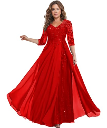 Image of HANVAIOS Sparkly Mother of The Bride Dresses for Women Long Chiffon 3 /4 Sleeve Lace Appliques Formal Gown