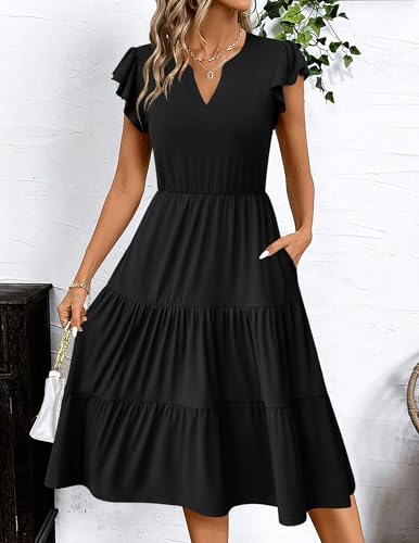 Image of ZEAGOO Womens Summer Casual Dresses Ruffle Sleeve V Neck Midi Dress Flowy Tiered Dress with Pockets Boho Sundresses