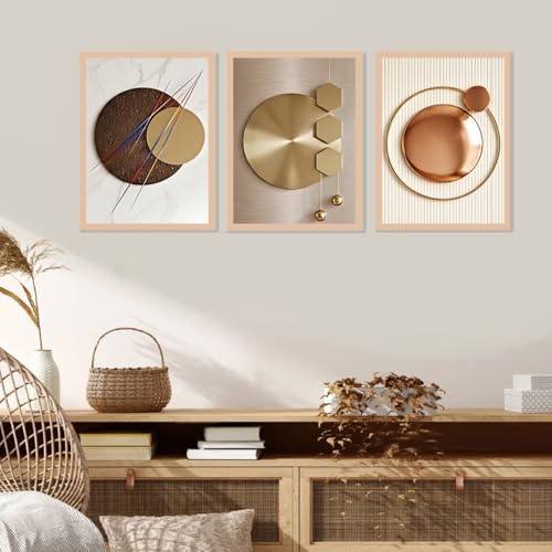 Image of ARAkri Geometric Abstract Wall Art Set of 3, Framed Poster Prints, Gold and Copper Tones, Modern Abstract, Ready to Hang, Living Room Decor (Art 1, 10x 13 inch)