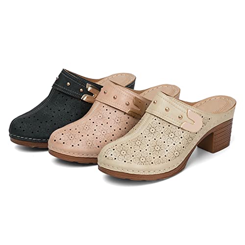 Wenoreg Women’s Hollow Closed Toe Chunky Heels Mules,Summer Retro Flower Pattern Slip On Slides Loafer Shoes,Metal Decoration Casual Breathable Backless Mules Sandals (Black,7,7) #TOP2