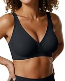 OEAK Womens Deep V Bras Wireless Comfortable Bra Supportive No Underwire Bras Tshirt Push Up Bralettes Plunge Seamless Bra Cool Black XXL