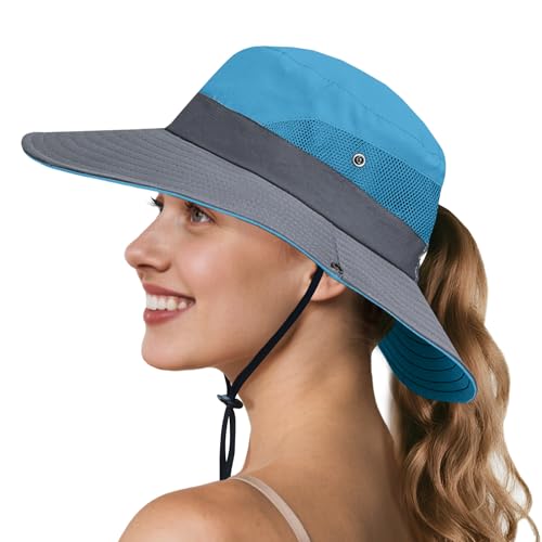 Image of NPQQUAN Ponytail Sun Hats for Women UPF 50+ Wide Visor UV Protection Packable Hat for Beach Hiking Gardening