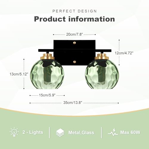 Image of Mid Century Wall Lamp 2-Light Green Glass Bathroom Vanity Light Fixture Shade Vintage Black Wall Sconce Light for Living Room Hallway Bedside (2-Light, Green)