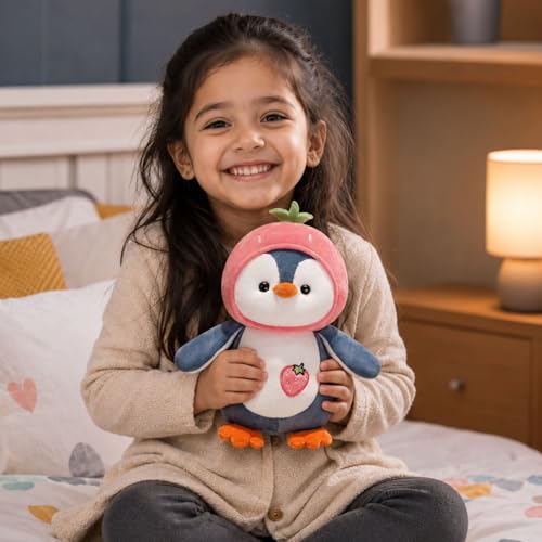 Image of Pink Fruit Penguin Plush Stuffed Toy 25cm | Ultra Soft Hugging Pillow | for Kids Boys Girls