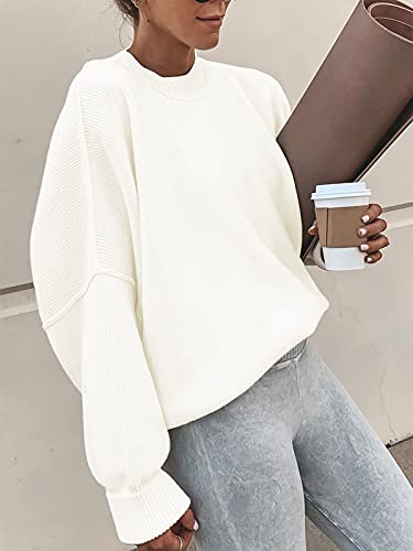 Anrabess Women's Long Sleeve Oversized Crew Neck Solid Color Side Slit Knit Pullover Sweater Tops White A305Baise-L #TOP4