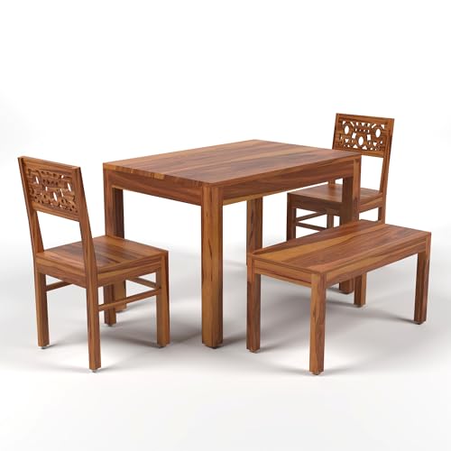 Image of Solid Sheesham Wood 4 Seater Dining Table Set | Four Seater Dinner Table with 2 Chairs & 1 Bench | Wooden Dinner Table 4 Seater | Dining Room Sets for Home | Honey Finish