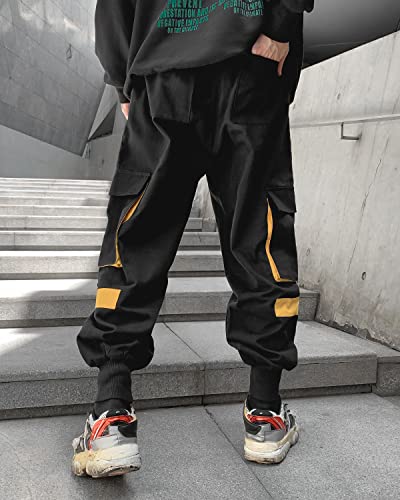 Ambcol Men's Jogger Pants Techwear Hip Hop Harem Pants Streetwear Tactical Track Pants With Drawstring Black-Yellow Medium #TOP5