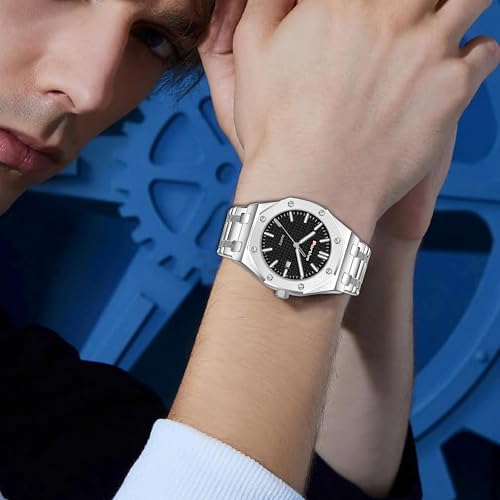 Image of Portive Quartz Watch for Men, Silver Stainless Steel Bracelet, Black Dial, Date Display, Octagonal Case