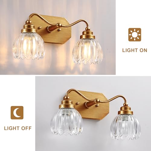 Image of Vintage Bathroom Light Fixtures, 2 Light Gold Bathroom Vanity Light, Matte Antique Brass Finish with Crystal Glass Shade, Wall Sconces Lighting for Bedroom, Living Room, Hallway