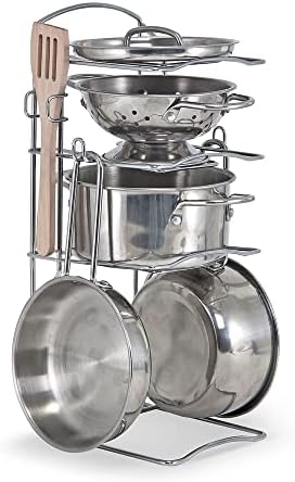 Melissa & Doug Stainless Steel Pots & Pans, 8 Piece Play Kitchen Set, Premium Play Kitchen Accessories & Cooking Utensils, Preschool Toys for Kids 3+