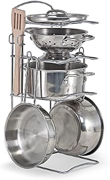 Melissa & Doug Stainless Steel Pots & Pans, 8 Piece Play Kitchen Set, Premium Play Kitchen Accessories & Cooking Utensils, Preschool Toys for Kids 3+