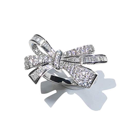 AZQ Fashion 18k Gold Bow Ring 925 Sterling Silver Shiny Full Diamond Ring Cubic Zirconia Promise Rings CZ Diamond Multi Row Ring Eternity Engagement Wedding Band Ring for Women TZ.823